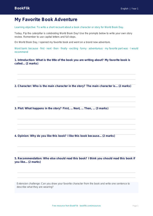 Free World Book Day Writing Frame | Kindergarten | ELA | BookFlik worksheet preview — English World Book Day