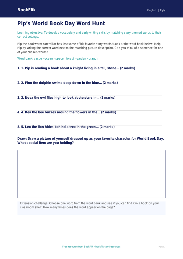 Free World Book Day Activity Sheet | Pre-K | ELA | BookFlik worksheet preview — English World Book Day