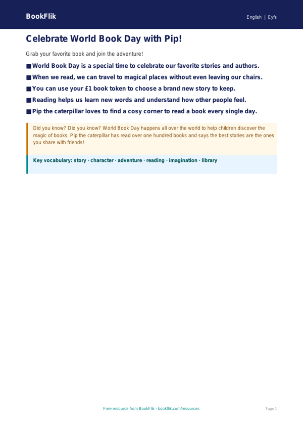 Free World Book Day Poster | Pre-K | ELA | BookFlik worksheet preview — English World Book Day