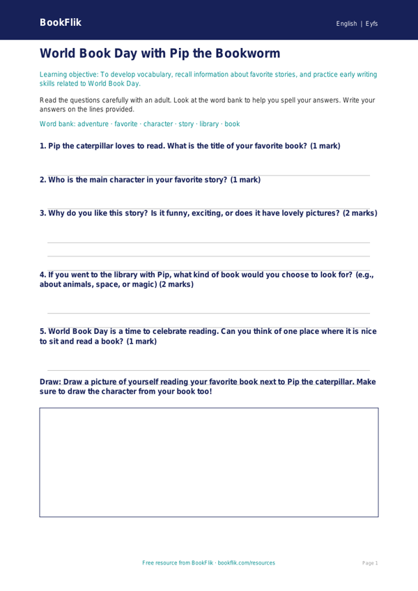 Free World Book Day Worksheet | Pre-K | ELA | BookFlik worksheet preview — English World Book Day