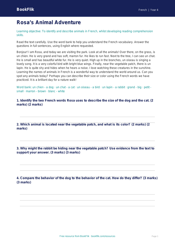 Animals Comprehension Grade 3 Free French Lesson | BookFlik worksheet preview — French Animals