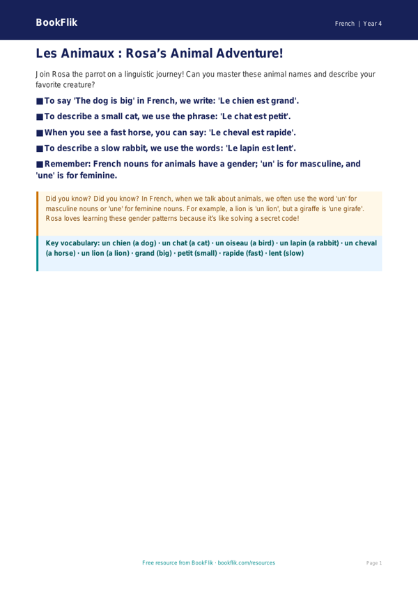 French Animals Poster for Grade 3 | Free Educational Resource | BookFlik worksheet preview — French Animals