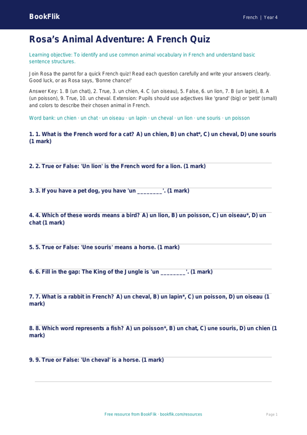 French Animals Quiz for Grade 3 | Greater Depth | BookFlik worksheet preview — French Animals