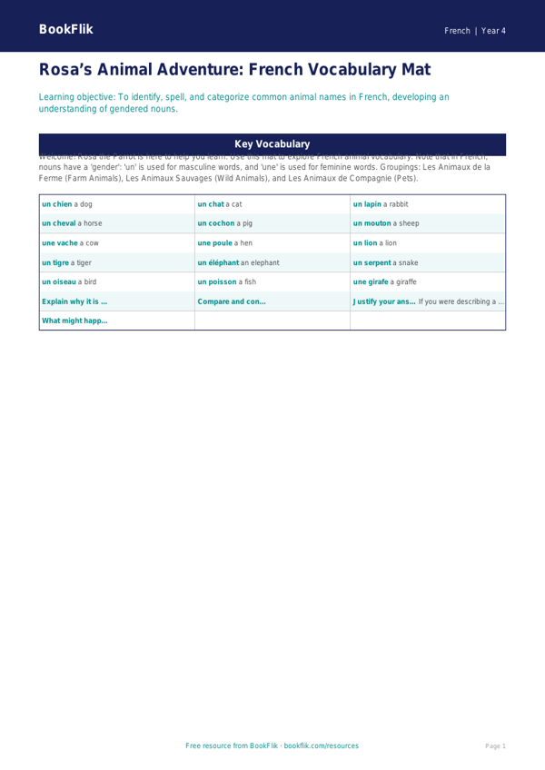 French Animals Word Mat for Grade 3 | Greater Depth | BookFlik worksheet preview — French Animals