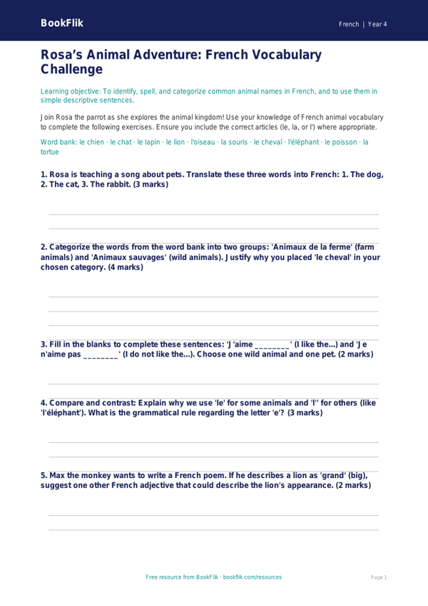 Animals Worksheet Grade 3 Free | French Language | BookFlik worksheet preview — French Animals