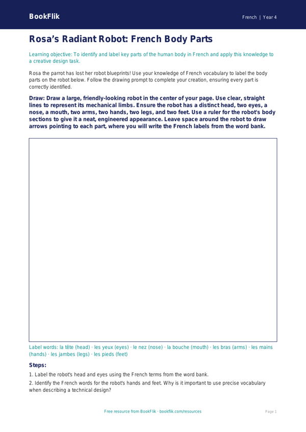 Free French Body Parts Drawing Sheet | Grade 3 | BookFlik worksheet preview — French Body Parts