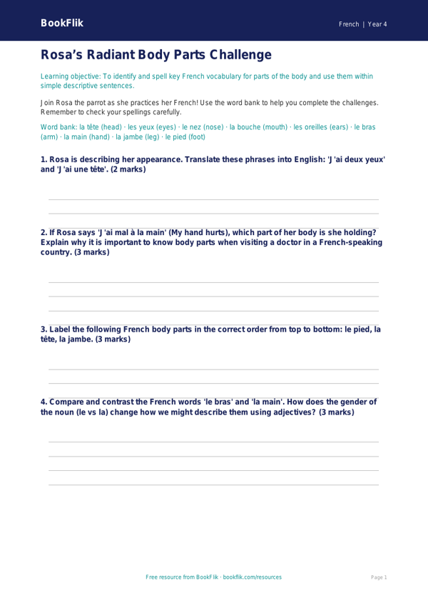 Free French Body Parts Worksheet | Grade 3 | BookFlik worksheet preview — French Body Parts