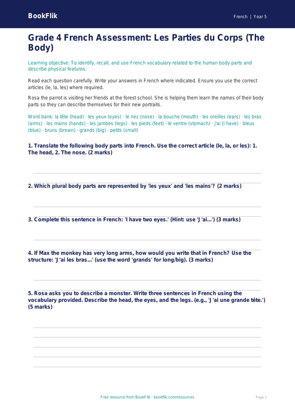 French Body Parts Assessment | Grade 4 | Free Printable worksheet preview — French Body Parts