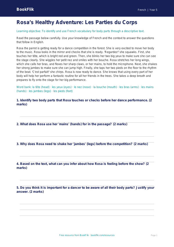 Free French Body Parts Comprehension Worksheet | Grade 4 | BookFlik worksheet preview — French Body Parts