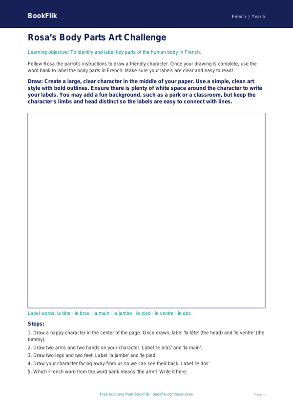 Free French Body Parts Drawing Sheet | Grade 4 | BookFlik worksheet preview — French Body Parts