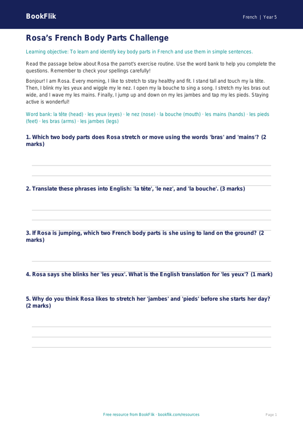 French Body Parts Lesson & Activity | Grade 4 | BookFlik worksheet preview — French Body Parts