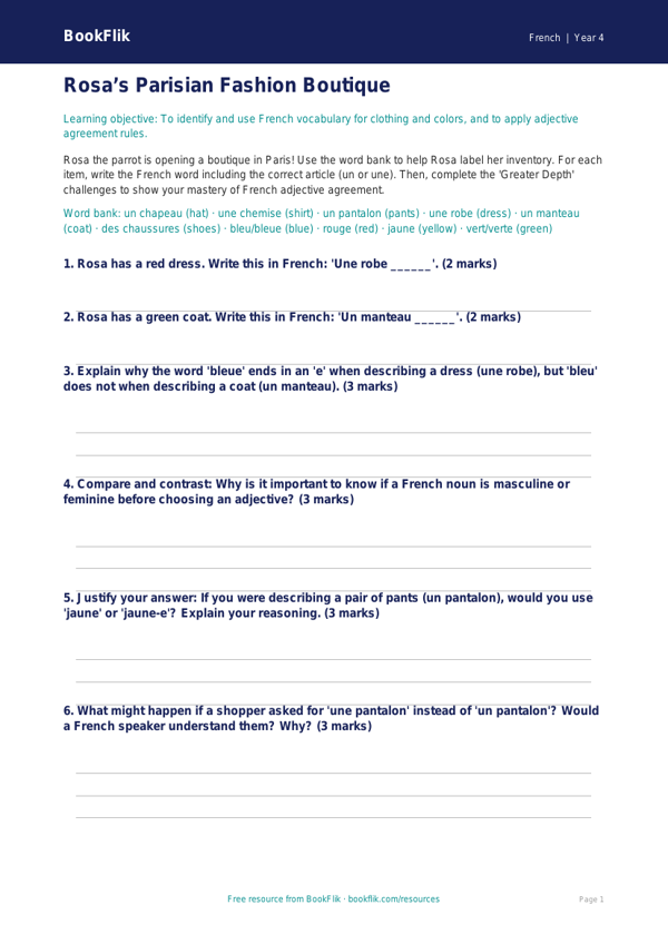 French Clothes Activity Sheet | Grade 3 | Greater Depth | BookFlik worksheet preview — French Clothes