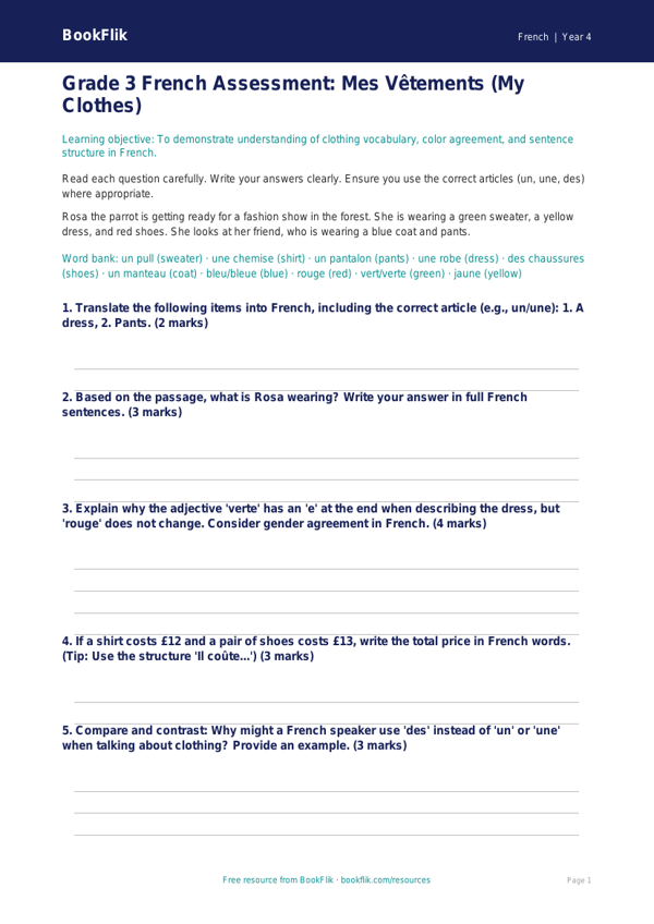 French Clothes Assessment | Grade 3 | Free Printable | BookFlik worksheet preview — French Clothes