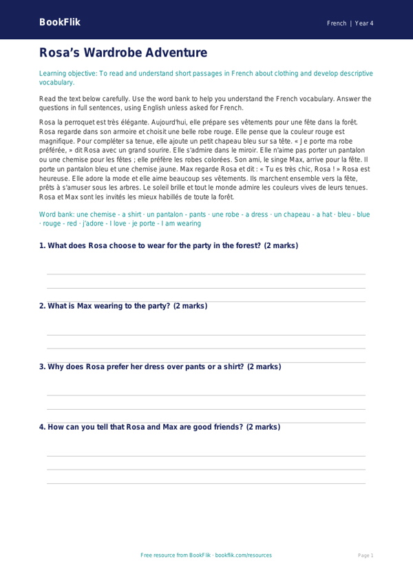 French Clothes Comprehension | Grade 3 | Greater Depth | BookFlik worksheet preview — French Clothes