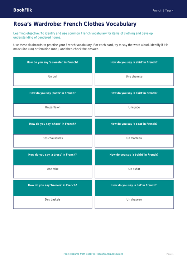 French Clothes Flashcards for Grade 3 | Free Printable | BookFlik worksheet preview — French Clothes