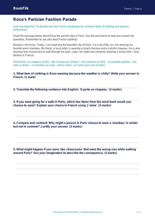 French Clothes Vocabulary Track Sheet | Grade 3 | BookFlik worksheet preview — French Clothes