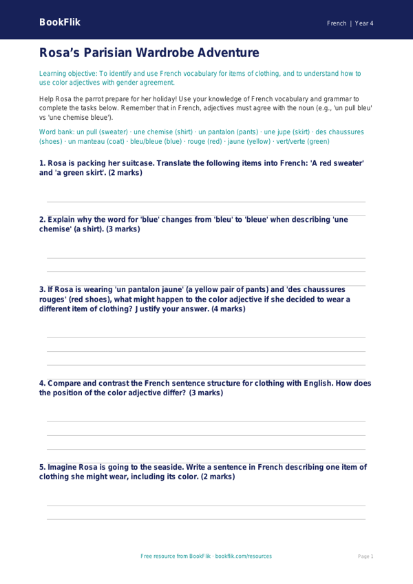 French Clothes Worksheet for Grade 3 | BookFlik worksheet preview — French Clothes