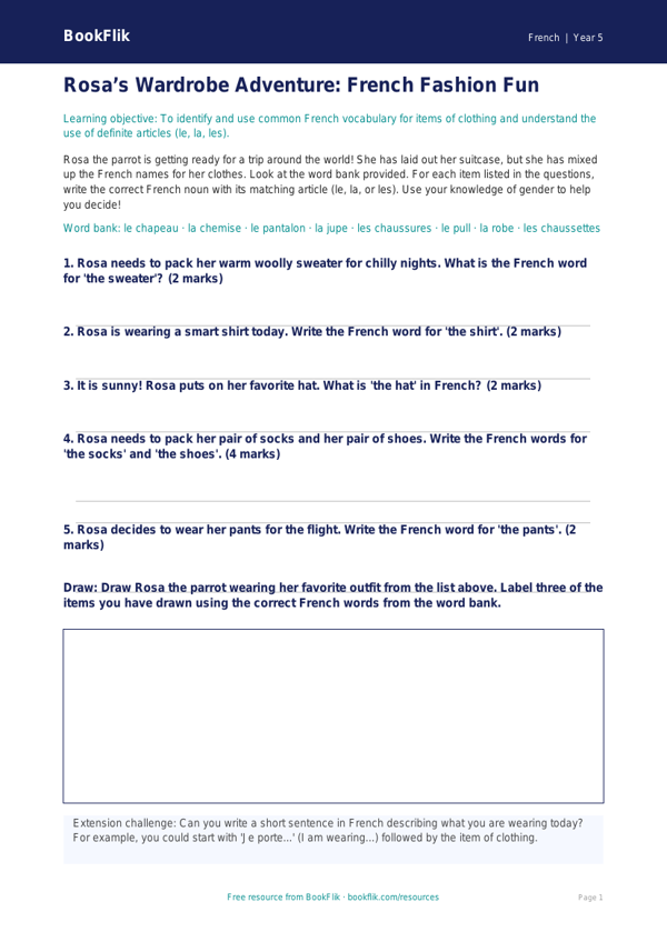 Free Clothes Activity Sheet | Grade 4 | French | BookFlik worksheet preview — French Clothes