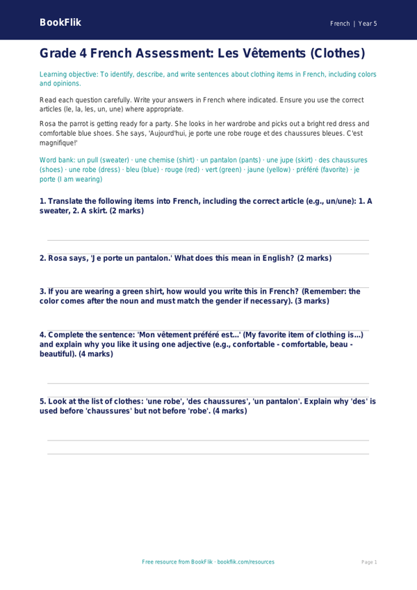 French Clothes Assessment | Grade 4 | Free Printable | BookFlik worksheet preview — French Clothes