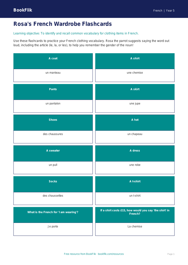 Free Clothes Flashcards | Grade 4 | French | BookFlik worksheet preview — French Clothes