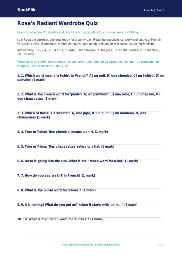 French Clothes Quiz for Grade 4 | Free Printable | BookFlik worksheet preview — French Clothes