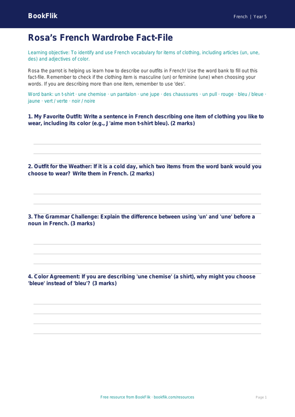 French Clothes Vocabulary Worksheet | Grade 4 | BookFlik worksheet preview — French Clothes