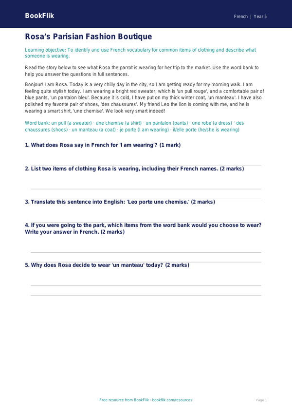 French Clothes Vocabulary Worksheet | Grade 4 | BookFlik worksheet preview — French Clothes