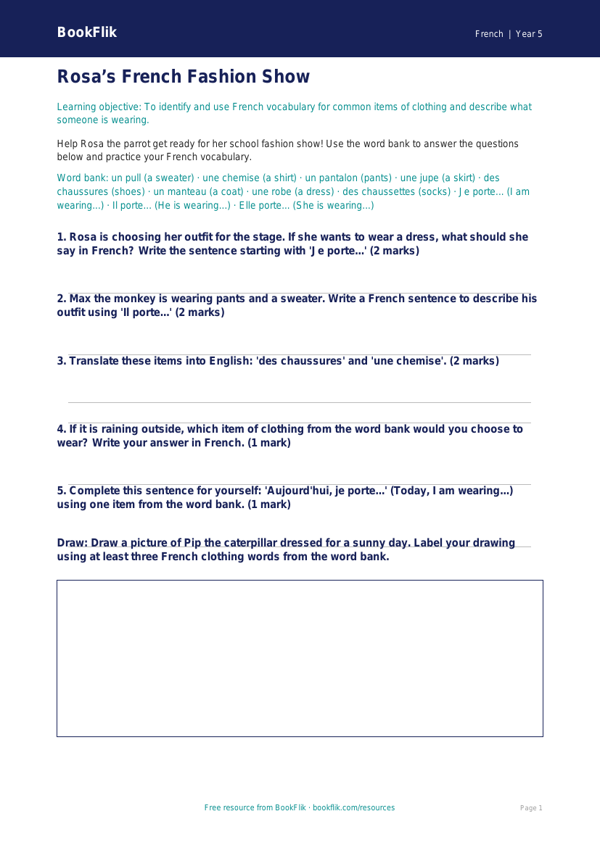 Free Clothes Worksheet | Grade 4 | French | BookFlik worksheet preview — French Clothes