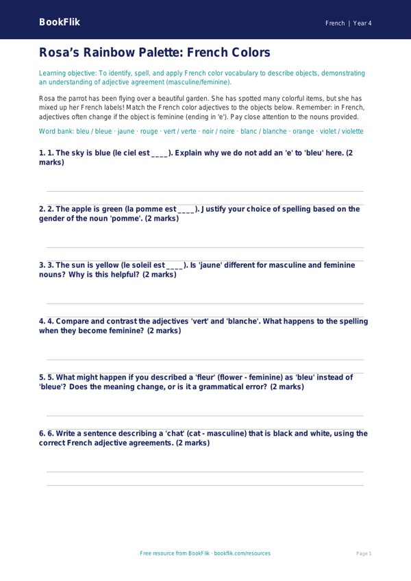 French Colors Activity Sheet | Grade 3 French Lesson | BookFlik worksheet preview — French Colours