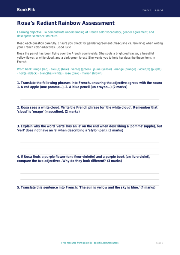 French Colors Worksheet for Grade 3 | Advanced French Vocabulary worksheet preview — French Colours