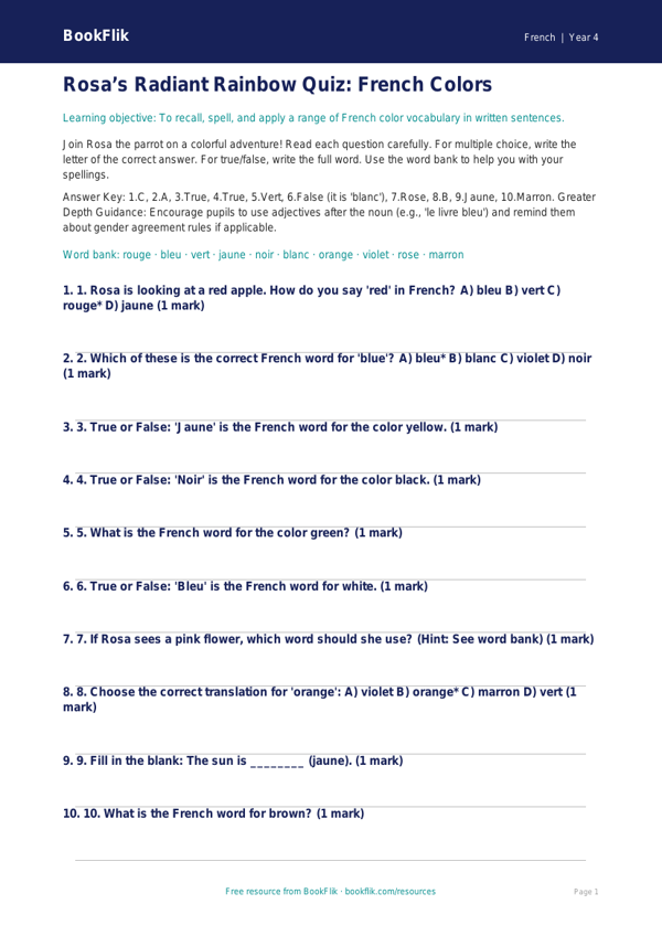 French Colors Quiz for Grade 3 | Greater Depth | BookFlik worksheet preview — French Colours