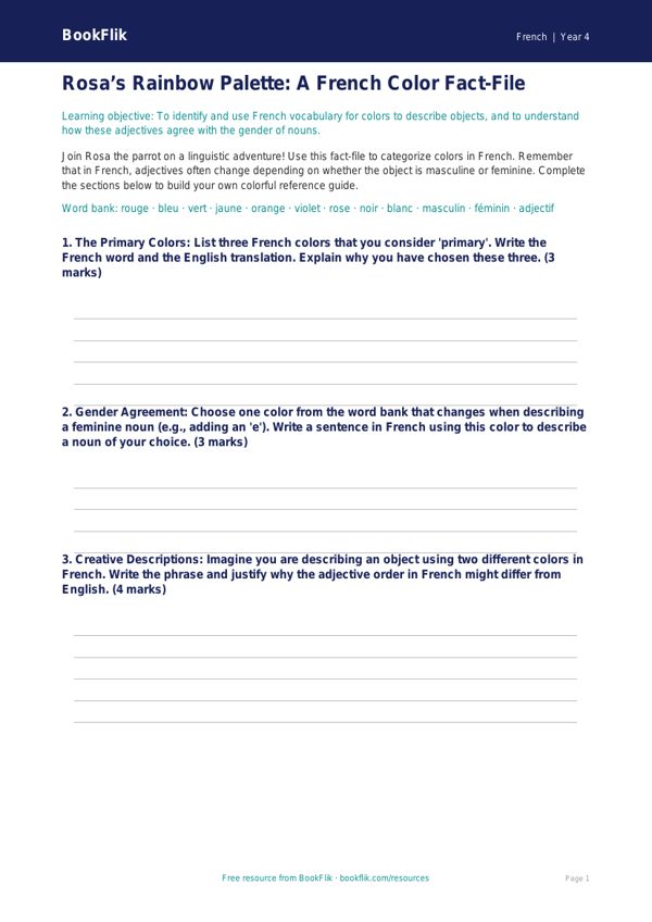 French Colors Worksheet for Grade 3 | BookFlik Learning worksheet preview — French Colours