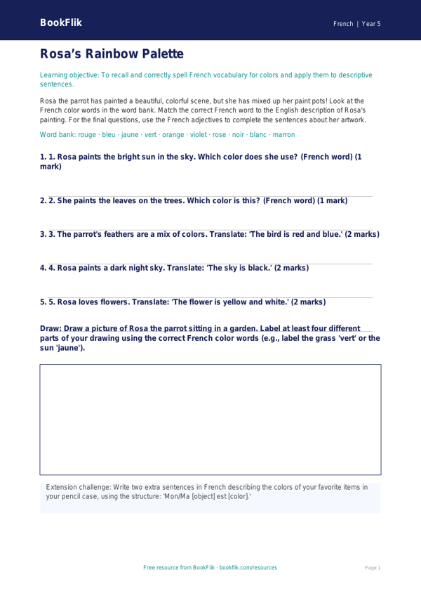 Free Colors Activity Sheet | Grade 4 | French | BookFlik worksheet preview — French Colours