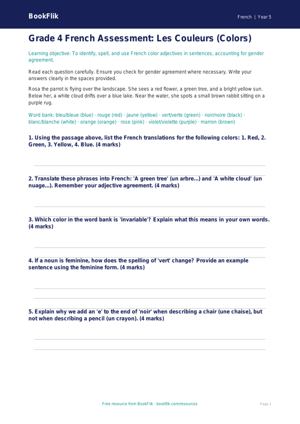 French Colors Worksheet for Grade 4 | BookFlik worksheet preview — French Colours