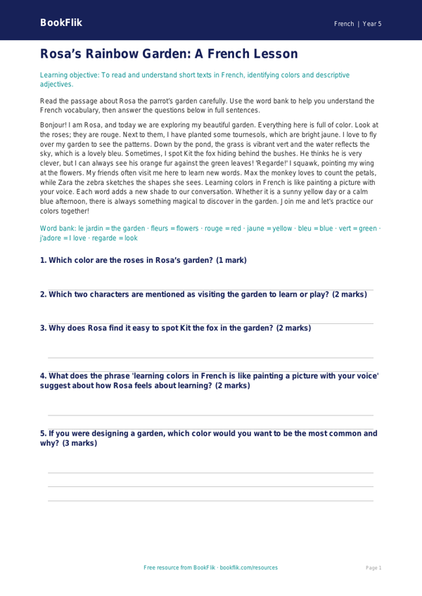 French Colors Worksheet for Grade 4 | Common Core French Lesson worksheet preview — French Colours