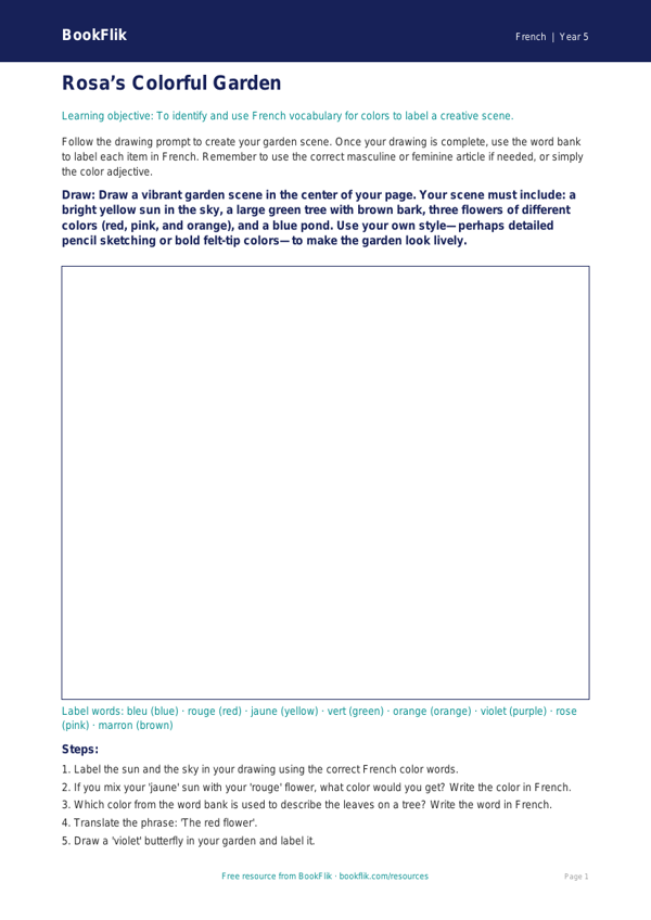 French Colors Worksheet for Grade 4 | Free Printable | BookFlik worksheet preview — French Colours