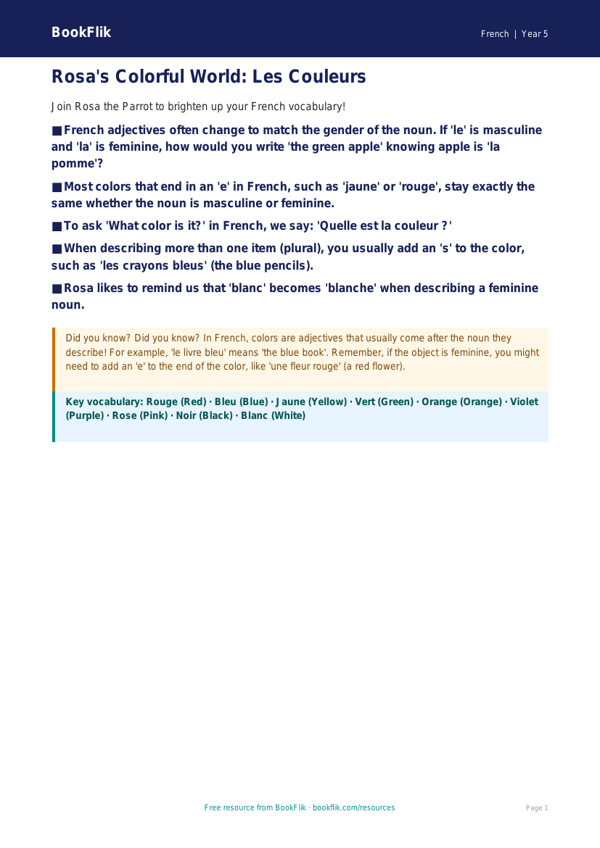 Free French Colors Poster for Grade 4 | BookFlik worksheet preview — French Colours