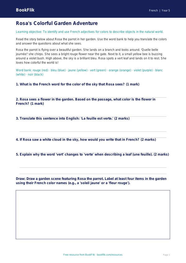 Free French Colors Worksheet | Grade 4 | Common Core | BookFlik worksheet preview — French Colours