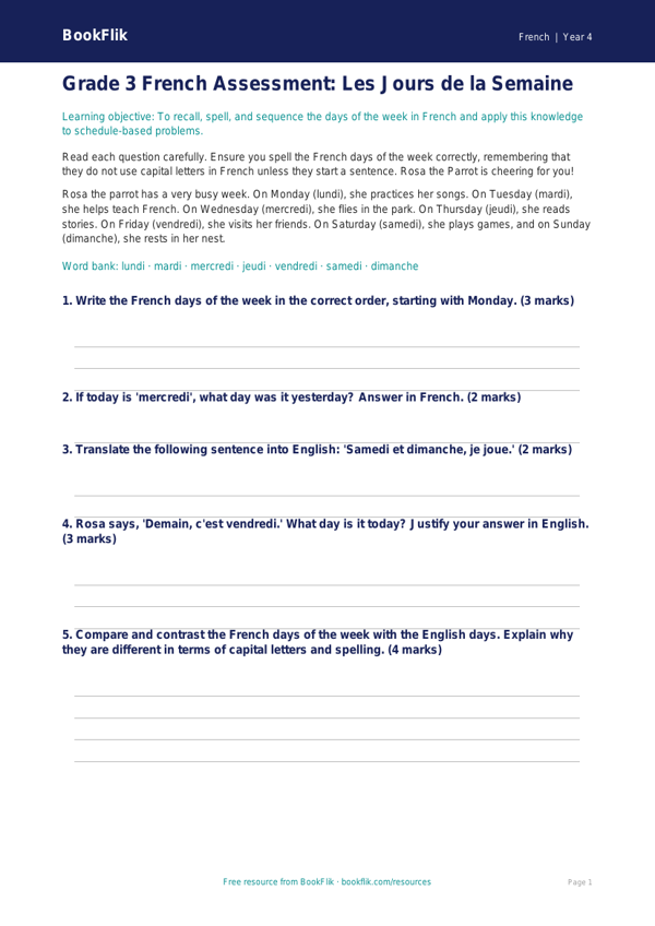 Days of the Week in French: Grade 3 Assessment | BookFlik worksheet preview — French Days Of The Week