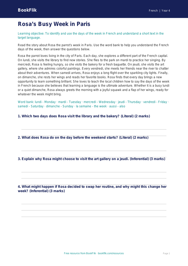 Free Days Of The Week Comprehension | Grade 3 | French | BookFlik worksheet preview — French Days Of The Week