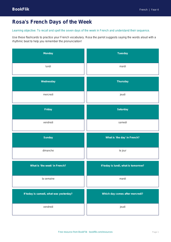 Free Days Of The Week Flashcards | Grade 3 | French | BookFlik worksheet preview — French Days Of The Week