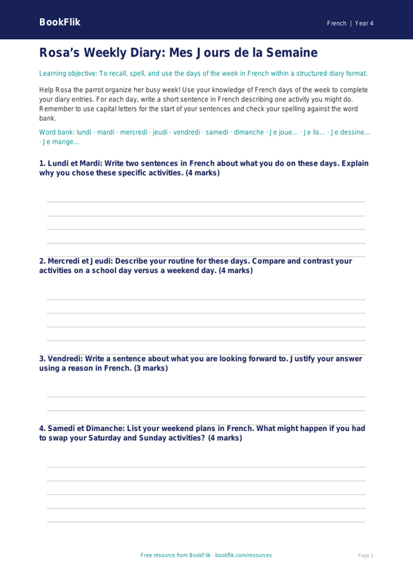French Days of the Week Worksheet | Grade 3 | Free Printable worksheet preview — French Days Of The Week