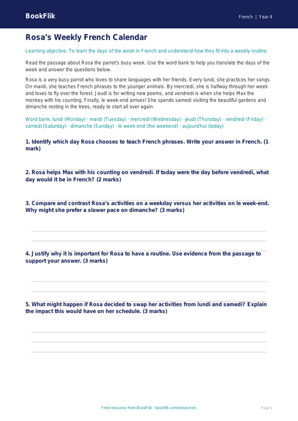 Free Days Of The Week Track Sheet | Grade 3 | French | BookFlik worksheet preview โ French Days Of The Week