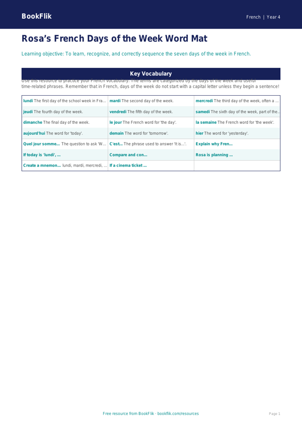 Free Days Of The Week Word Mat | Grade 3 | French | BookFlik worksheet preview — French Days Of The Week