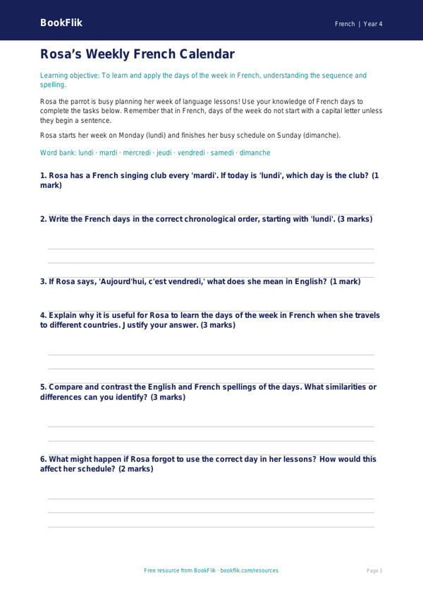 Free Days Of The Week Worksheet | Grade 3 | French | BookFlik worksheet preview — French Days Of The Week