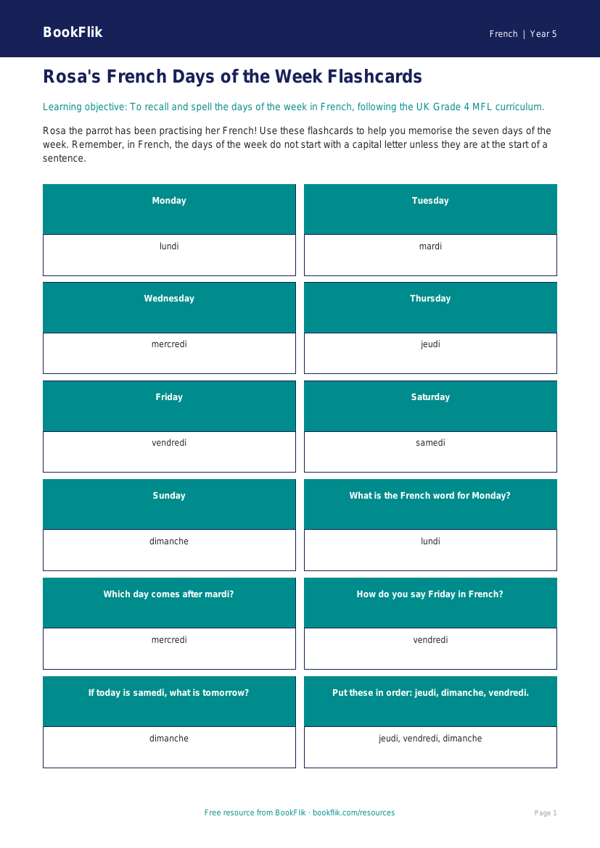 Free Days Of The Week Flashcards | Grade 4 | French | BookFlik worksheet preview — French Days Of The Week