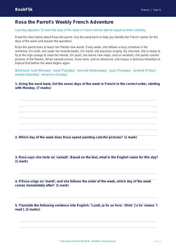 Free Days Of The Week Track Sheet | Grade 4 | French | BookFlik worksheet preview — French Days Of The Week