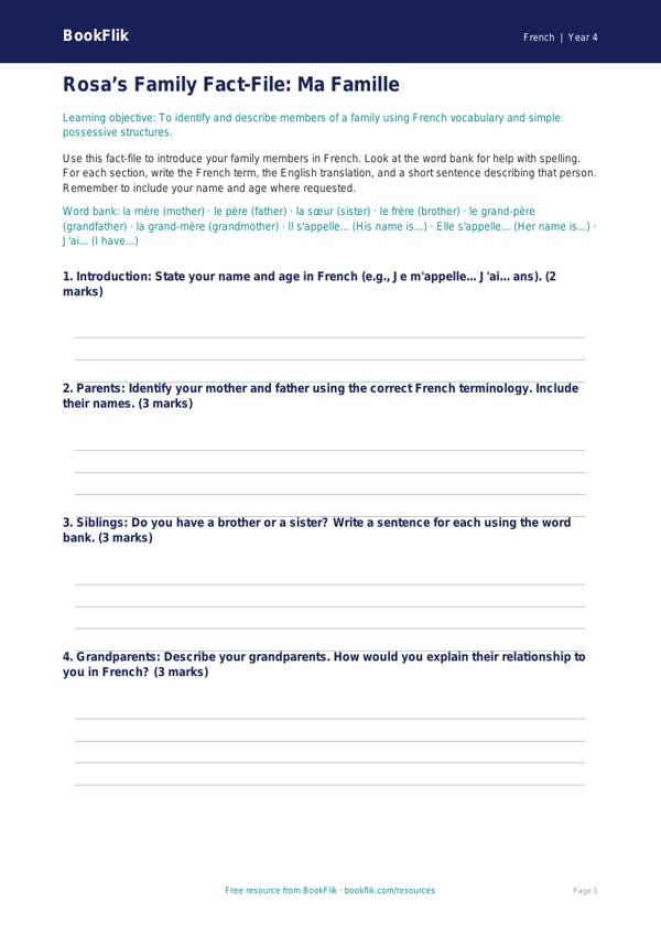 French Family Vocabulary Worksheet | Grade 3 | BookFlik worksheet preview — French Family