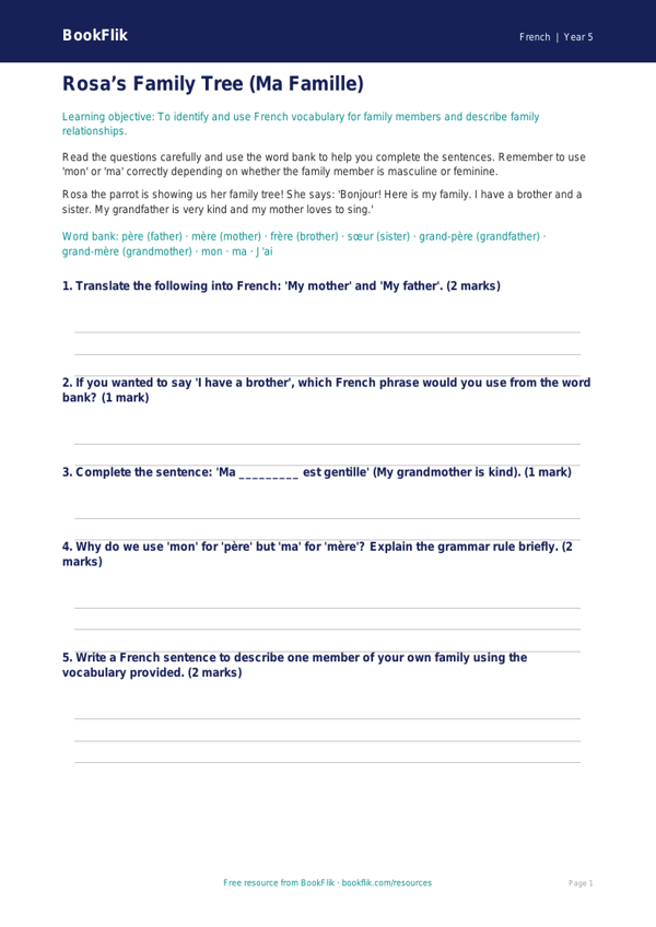 Free Family Worksheet | Grade 4 | French | BookFlik worksheet preview — French Family