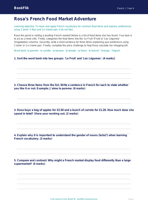 French Food Activity Sheet | Grade 3 | BookFlik worksheet preview — French Food